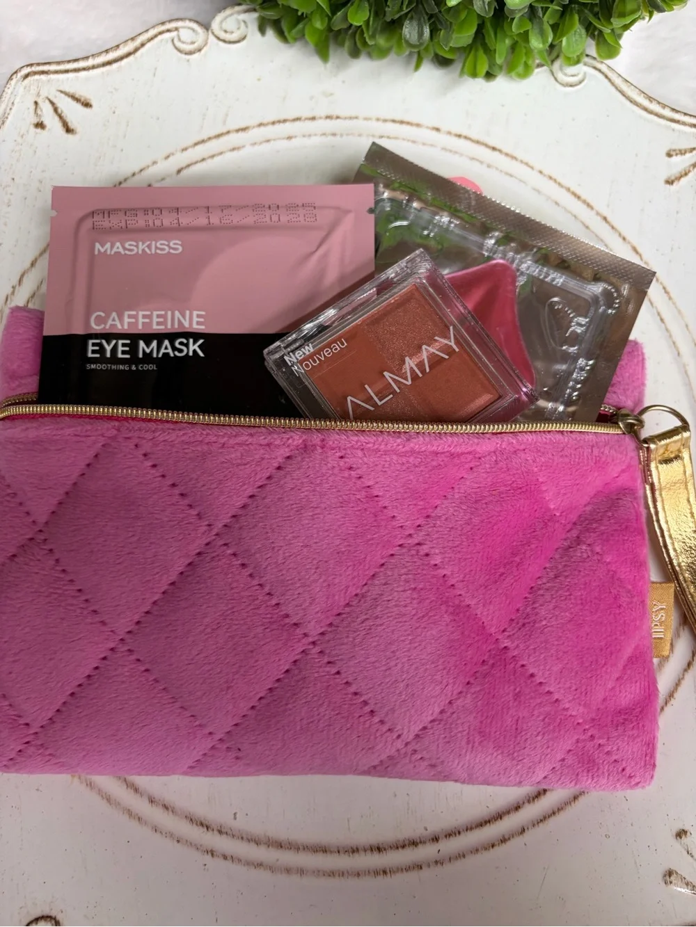 Pink Quilted Makeup Bag with Beauty Samples